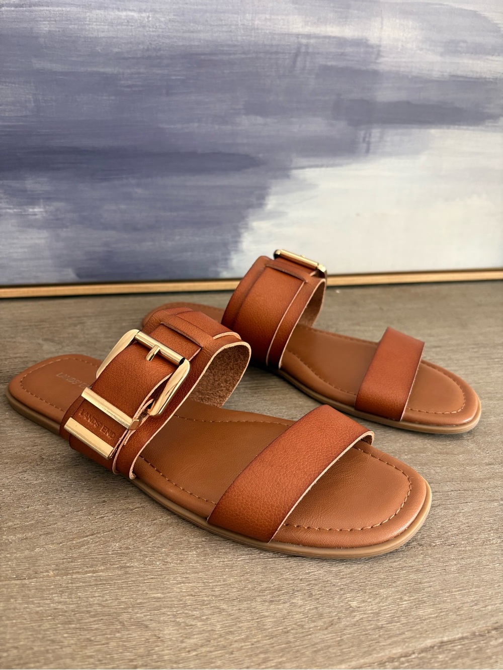 Lands' End Cognac Leather Slide Sandals with Gold Buckles NWOT